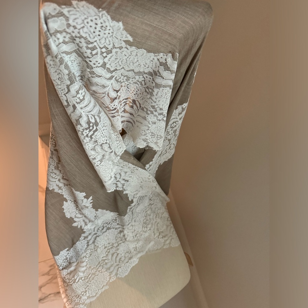 Silk and Wool Scarf with a Cream Lace Border
